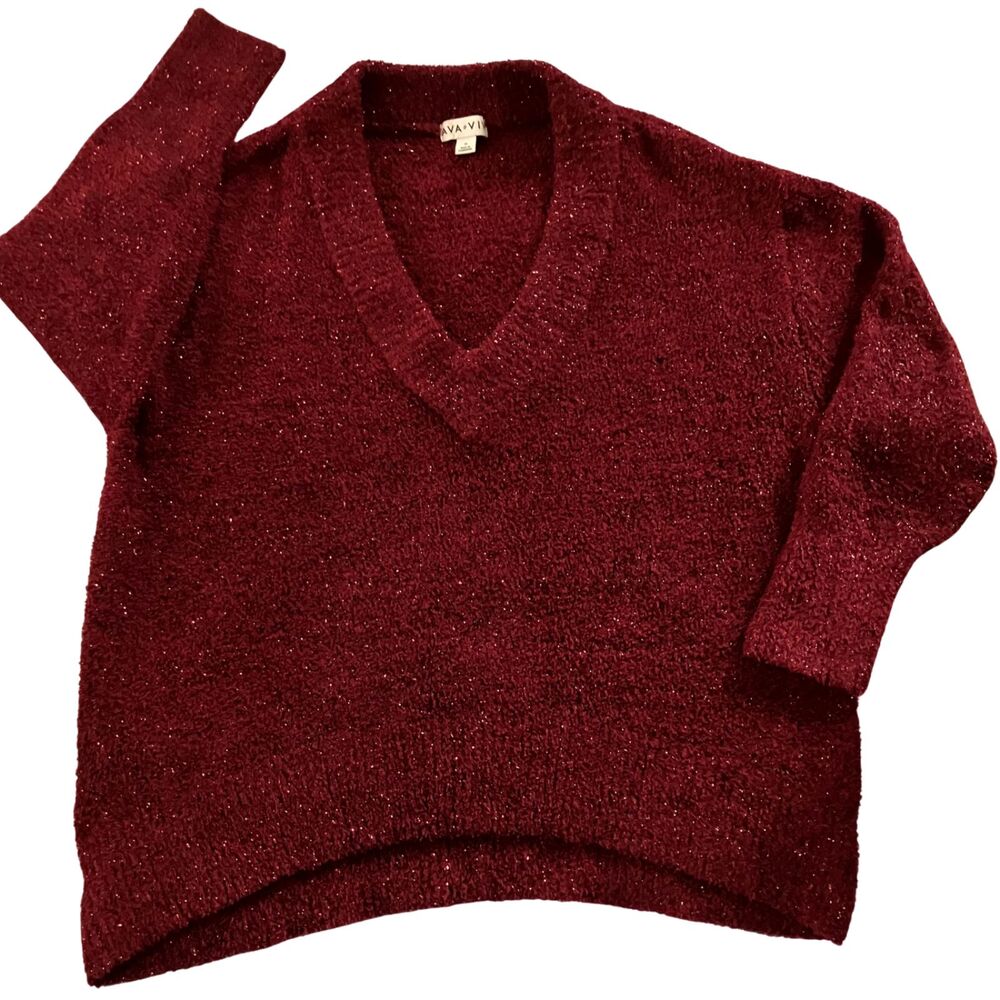 Ava & Viv Plus Size 1X Fuzzy Metallic Burgundy V Neck Sweater sparkles holiday